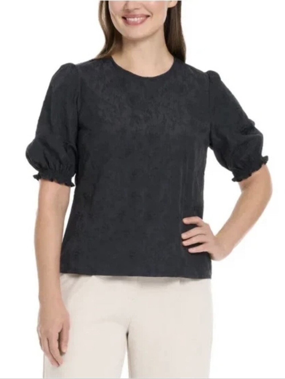 Ted Baker Women's Crewneck Elastic Smocked Short Sleeves Blouse, Black, Size XL